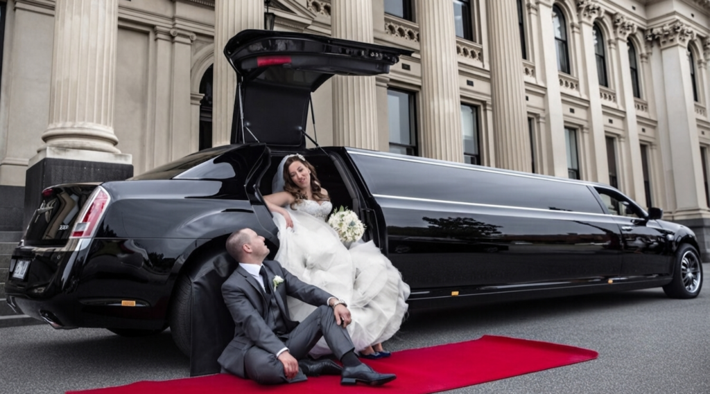Bride and groom by a white stretch limousine on a red carpet