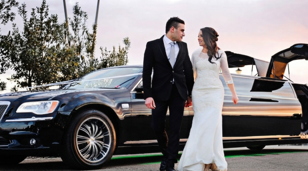 Wedding couple walking beside a white limousine