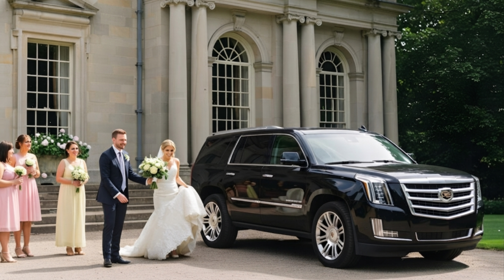 Wedding party with a black Cadillac Escalade outside a venue