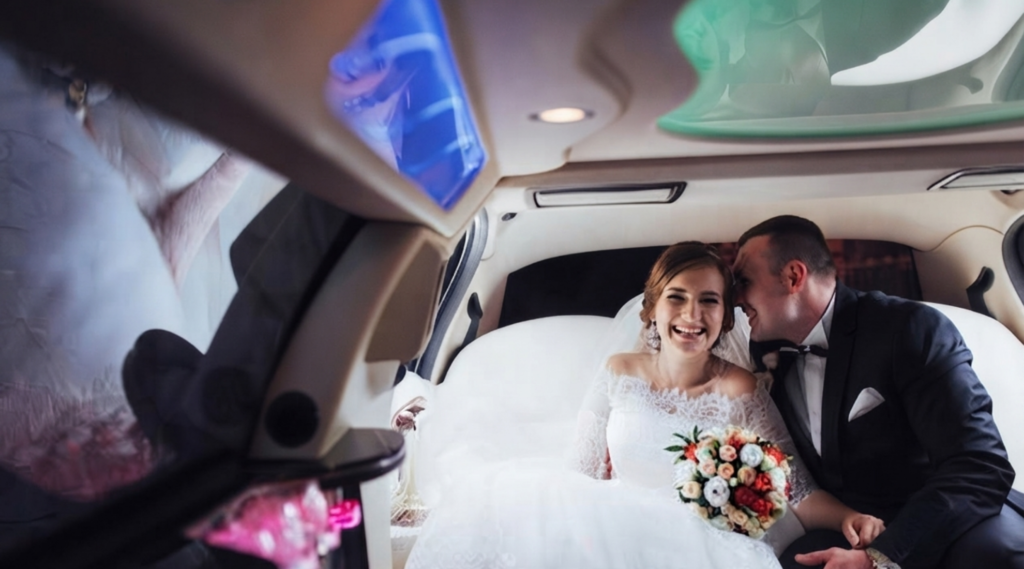 Bride and groom inside a limousine