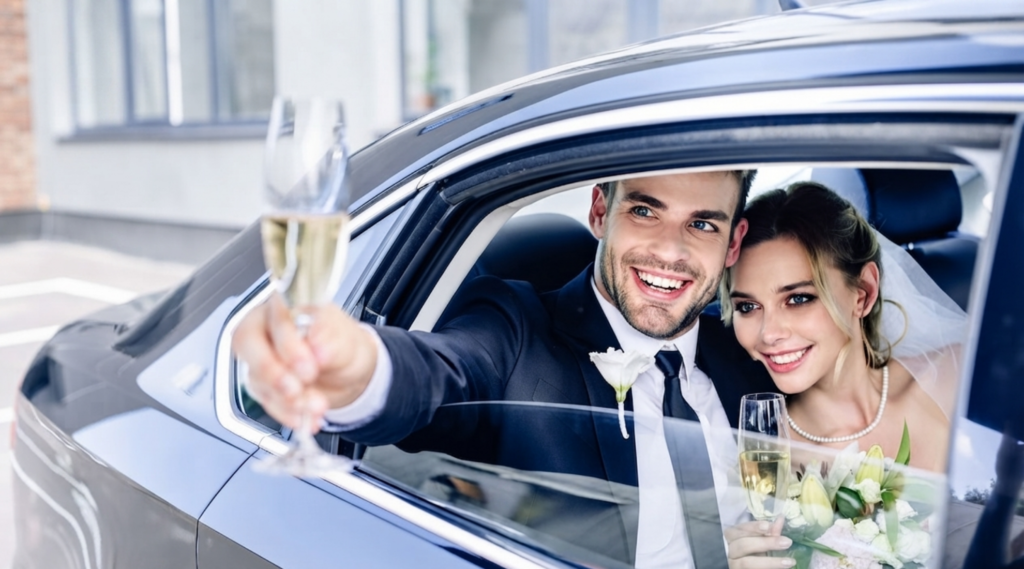Newlyweds smiling from a limousine window