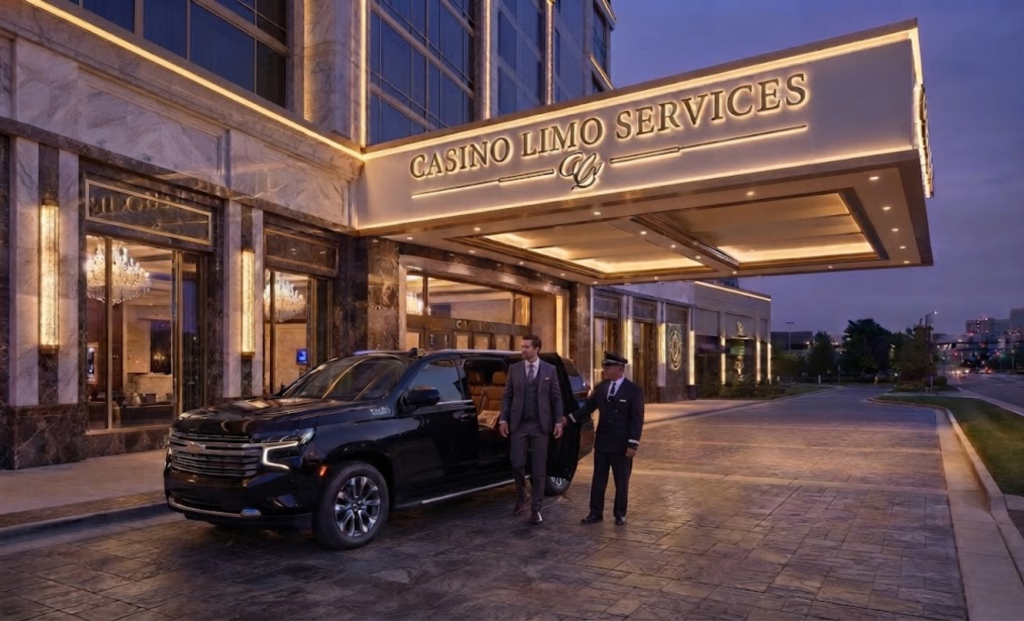 Black SUV with chauffeur at a hotel casino entrance