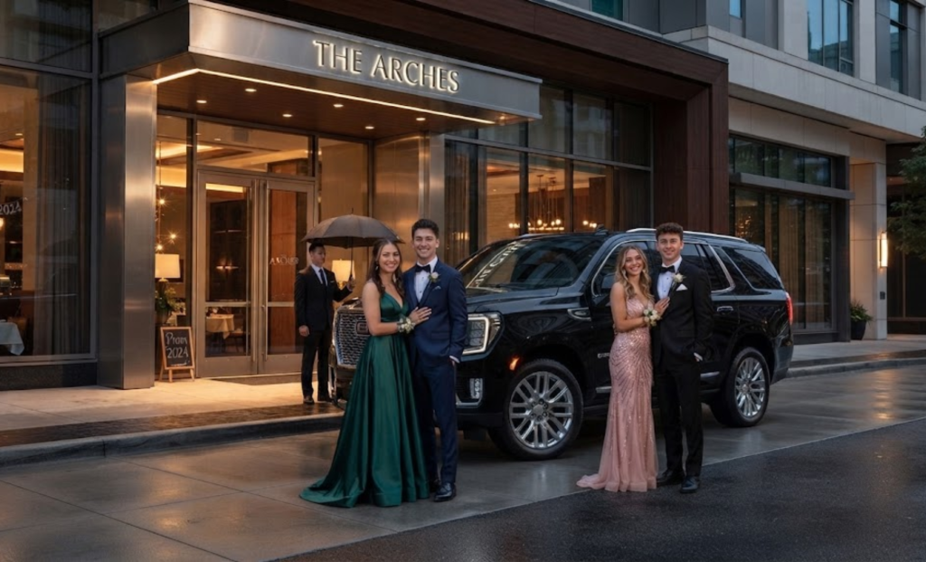 Black luxury SUV with chauffeured passengers in formal wear outside a hotel entrance