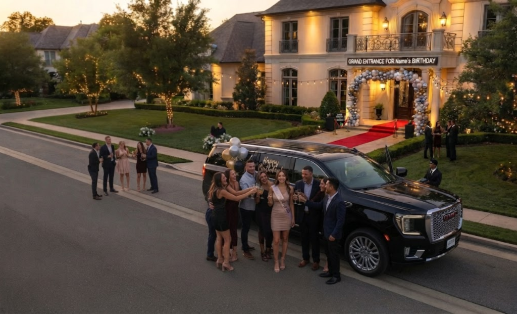 Birthday guests gathered by a black SUV outside a mansion