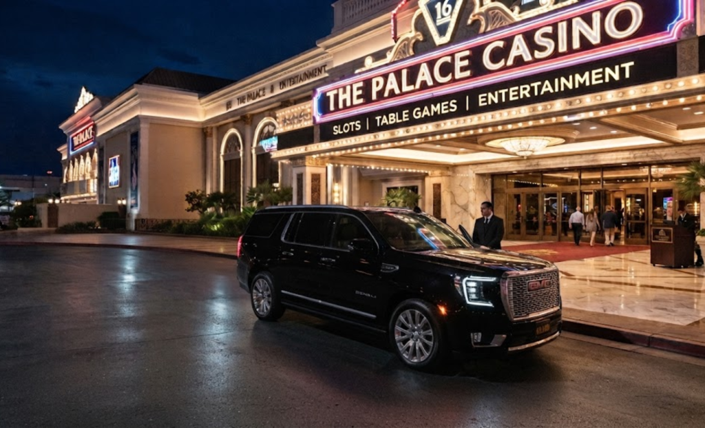 Black SUV parked at a casino entrance at night