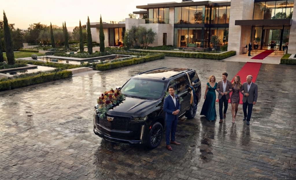 Black SUV and party guests at a decorated birthday venue