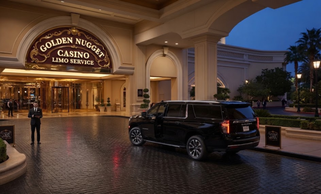 Black SUV outside a casino entrance in the evening