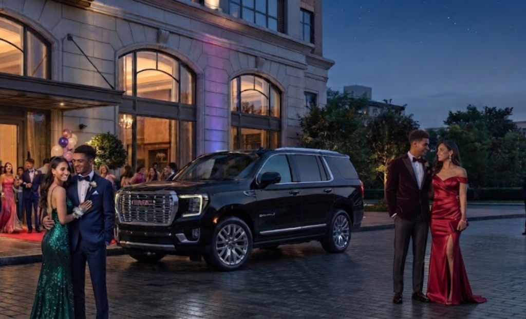 Black luxury SUV parked outside an evening venue with formally dressed guests