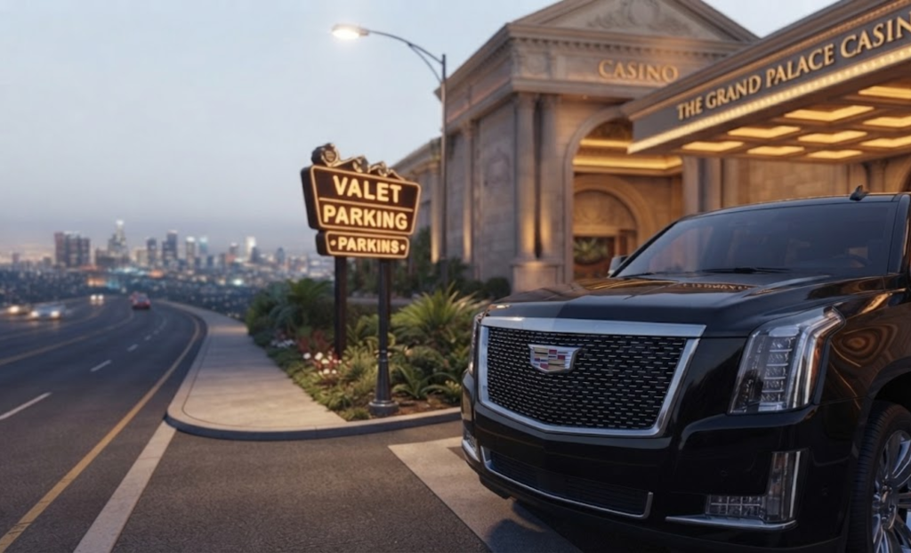 Black Cadillac Escalade at a casino valet entrance