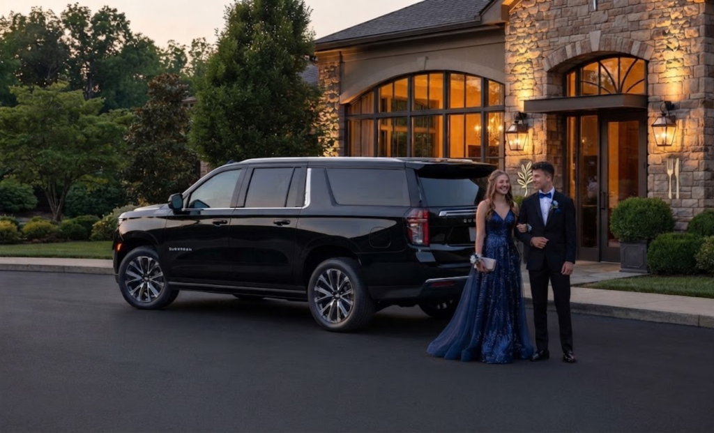 Black luxury SUV parked at a stone-front home with a couple in formal attire