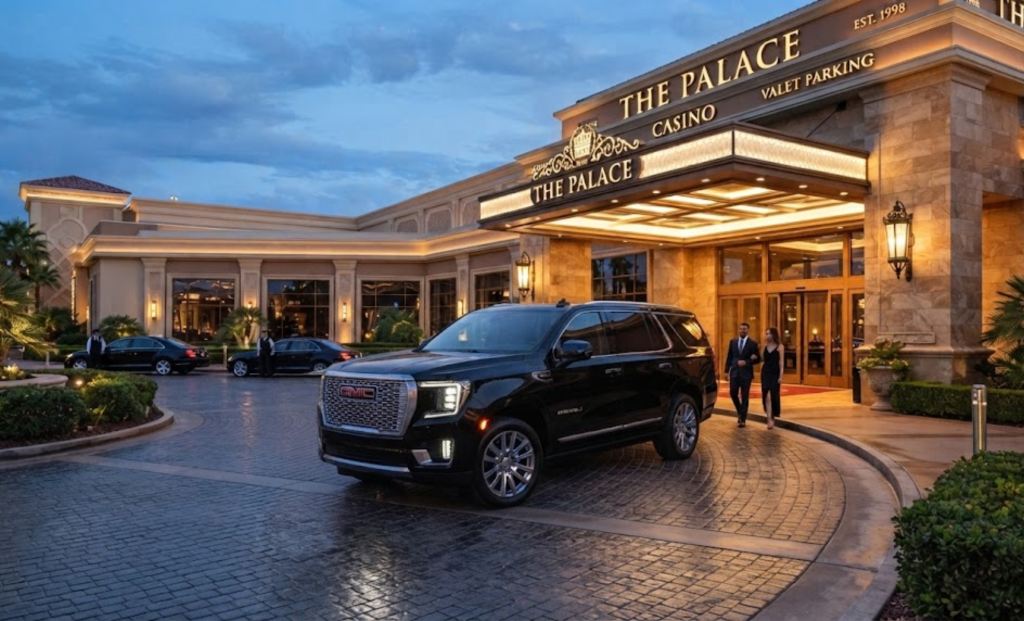 Black SUV parked at a casino resort entrance