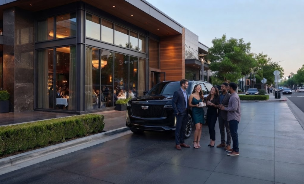 Birthday group posing beside a black SUV outside a restaurant