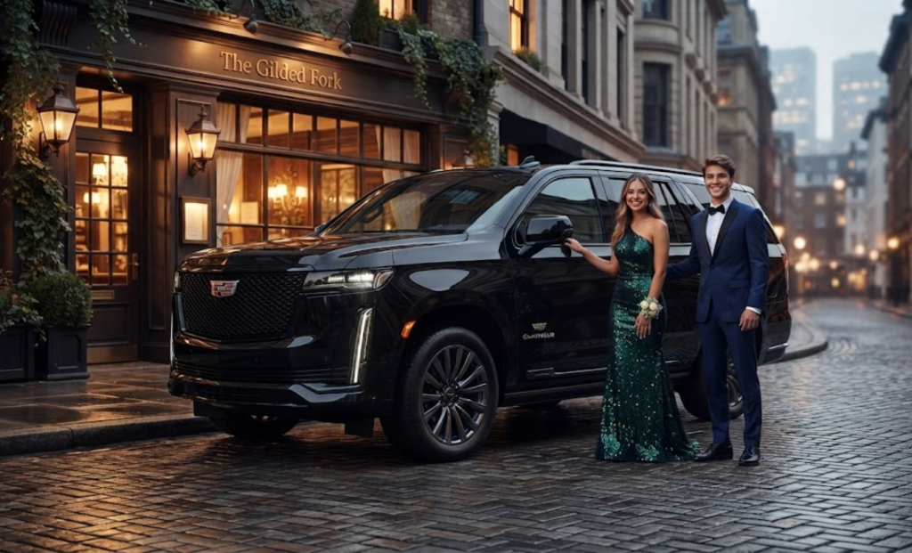 Black SUV outside a restaurant with guests in formal wear