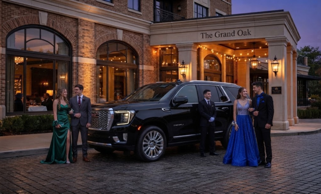 Prom guests posing by a black Cadillac Escalade at an evening venue