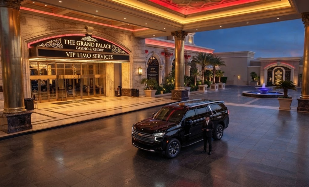 Black SUV at a brightly lit casino entrance