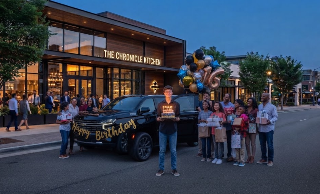 Birthday party guests with balloons beside a black SUV