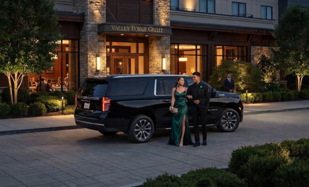 Black SUV with prom guests outside a venue at dusk