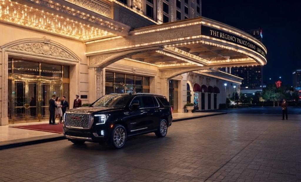 Black SUV outside a casino entrance at night